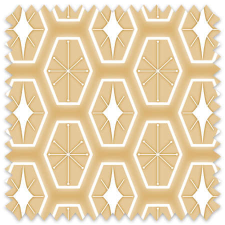 The artwork consists of a repeating geometric pattern featuring hexagonal shapes filled with two different designs. One design inside the hexagons includes a symmetrical starburst or asterisk-like figure with lines radiating from a central point, each line ending in a small circle. The other design features a white diamond shape with extended pointed ends within the yellow hexagon. These hexagons are outlined with a white border and set against a soft tan background creating a vibrant, retro aesthetic. The use of tan, white colors, along with the symmetrical arrangement, gives the pattern a mid-century modern, playful style.